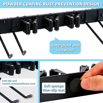 Broom Holder Door Mount,Door Mounted Broom and Mop Holder with Dual Tool Hooks, Three Slots, and One Tool Storage Basket For Laundry Room, Garage, Closet, warehouse, Kitchen Decor (black)