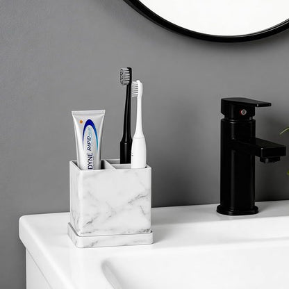 Toothbrush Holders for Bathrooms, 3 Slots Kids Countertop Silicone Electric Tooth Brush and Toothpaste Holder Organizer Stand with Drainage Tray, Bathroom Accessories Decor, White Marble