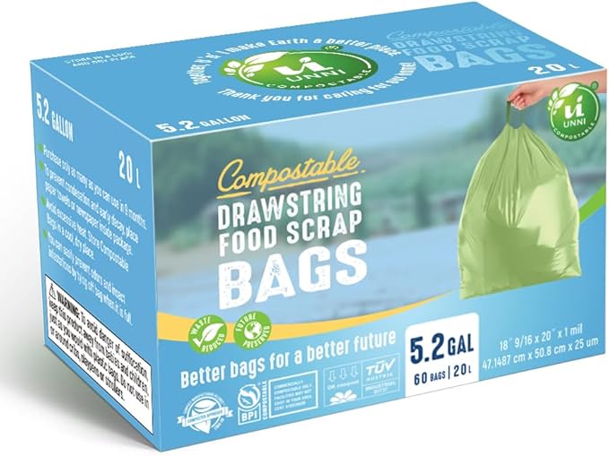 UNNI Compostable Drawstring Bags, 5.2 Gallon, 20 Liter, 60 Count, Heavy Duty 1 Mil, Small Kitchen Food Scrap Waste Bags, ASTM D6400, US BPI, CMA & Europe OK compost Certified, San Francisco