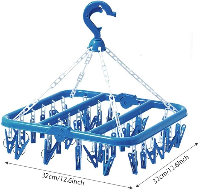SteelFever Clothes Drying Hanger with 32 Clips, Foldable Hanging Drying Rack for Clothes Underwear Socks (Blue)