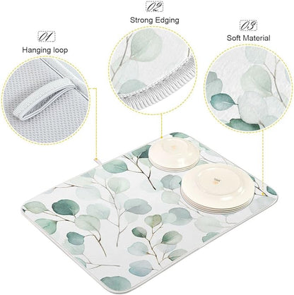 Sage Green Leaves Dish Drying Mat for Kitchen Counter Watercolor Branch Plant Drying Mat 18 x 24 Inch with High Absorbent Reversible Microfiber Dish Drying Pad Drainer Mat for Coffee Bar