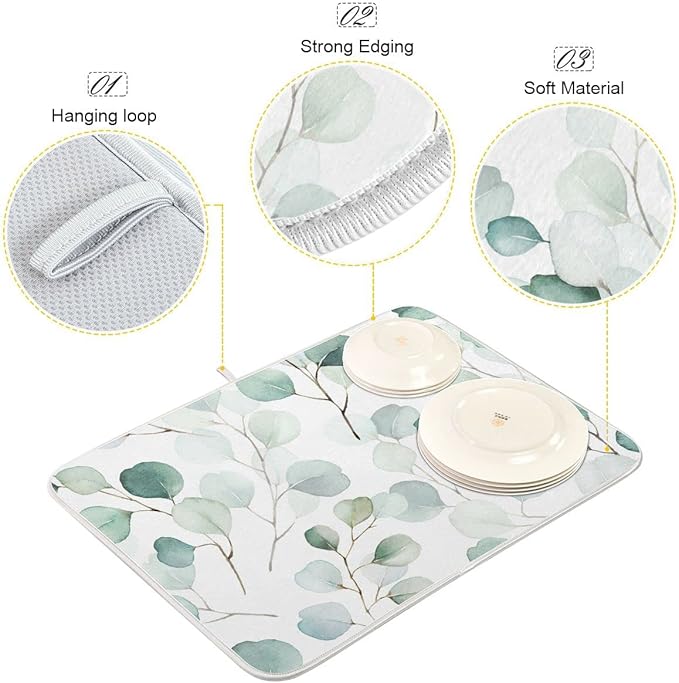 Sage Green Leaves Dish Drying Mat for Kitchen Counter Watercolor Branch Plant Drying Mat 16 x 18 Inch with High Absorbent Reversible Microfiber Dish Drying Pad Drainer Mat for Coffee Bar