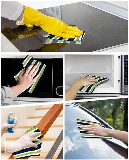 6 Pack Green Dark Kitchen Dish Cloths, Blue White Stripe Abstract Geometric Striped Dishcloths for Kitchen, Reusable Paper Towels, Super Absorbent Quick Drying Washcloths Cleaning Wipes, 8x7 inch