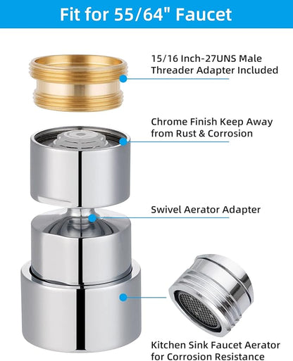 Hibbent 2 in 1 Faucet Aerator with Adapter, Connect to Garden Hose/Other 3/4 Inch Thread Hose, Big Angle Swivel Kitchen Sink Faucet Aerator with Movable Lid to Cover the Thread-Polished Chrome