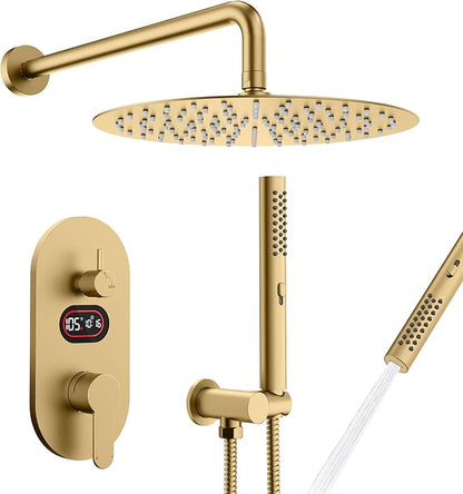 Round Shower Faucet Set with Hydro Power Temperature Display, Shower System Bathroom 12 Inch Shower Head with Handheld Spray, Wall Mounted Shower Fixtures with Shower Valve and Trim Kit, Brushed Gold