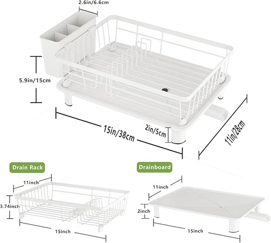 Dish Drainer Rack with Drip Tray, Sink Dish Drainer with Drainage Spout, Stainless Steel Dish Drying Rack with Cups, Utensil & Cutting Board Holders for Kitchen Counter Space-Saving, White