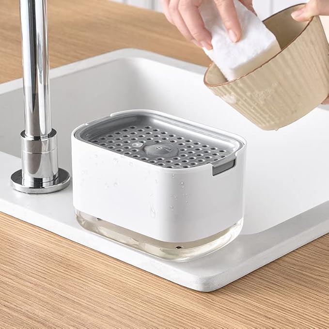 Soap Detergent Dispenser, 2-in-1 Pump, Sponge Holder Rack Shelf, Countertop Caddy, Dishwashing Hand Soap Dispenser for Kitchen, Bathroom, Liquid Hand Pump Dispenser (Sponge Included) - White