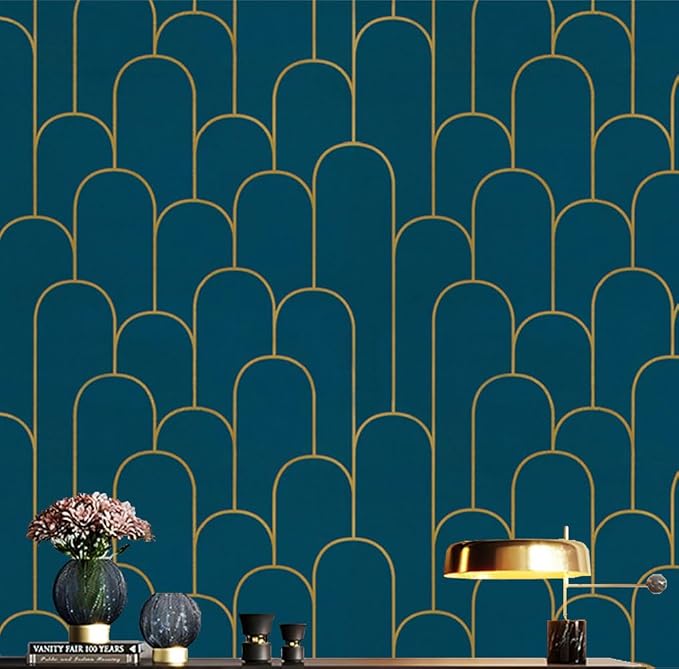 Yasinet Peel and Stick Wallpaper Blue and Gold Wallpaper Blue Geometric Contact Paper Removable Self-Adhesive Stripe Waterproof Wall Paper Decorative for Wall Bedroom Vinyl Film 17.3”x118”