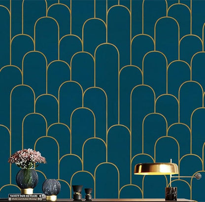 Yasinet Peel and Stick Wallpaper Blue and Gold Wallpaper Blue Geometric Contact Paper Removable Self-Adhesive Stripe Waterproof Wall Paper Decorative for Wall Bedroom Vinyl Film 17.3”x118”