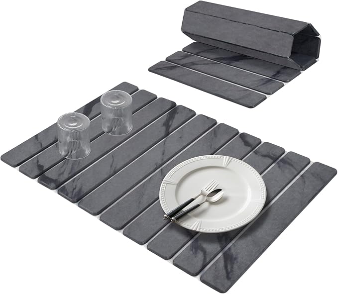 Large Stone Dish Drying Mats for Kitchen Counter, 24"(L)×16"(W) Marble Pattern, Quick Dry Collapsible Dish Drying Mat, Eco-Friendly Absorbent Diatomaceous Earth Mat for Dishes Bottles Cups - Dark Gary