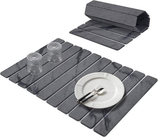 Large Stone Dish Drying Mats for Kitchen Counter, 24"(L)×16"(W) Marble Pattern, Quick Dry Collapsible Dish Drying Mat, Eco-Friendly Absorbent Diatomaceous Earth Mat for Dishes Bottles Cups - Dark Gary