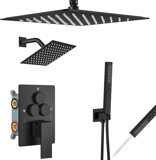 Aolemi Shower Faucet Set Ceiling Mount Shower System Rough-in Valve and Shower Trim Kit 2 in 1 Handheld Spray Push Button Diverter 12 and 6 Inch Dual Shower Head Matte Black