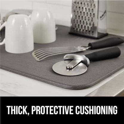 GORILLA GRIP Ultra Water Absorbent Microfiber Dish Drying Mat, 18x24, Quick Dry Thick Mesh, Slip Resistant Pad for Sink Dishes or Under Rack, Kitchen Counter Accessories, Machine Wash Mats, Gray