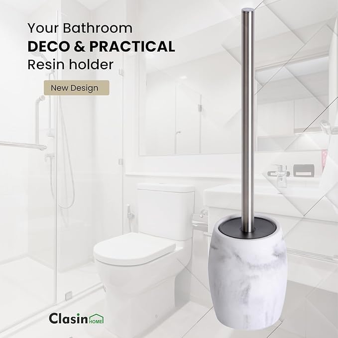Clasin Home Toilet Bowl Brush and Holder with Stainless Steel Long Handle, Toilet Scrubber Brush with Durable Base, 360° Deep Cleaning Bristles for Bathroom, Compact Set for Small Space (White)