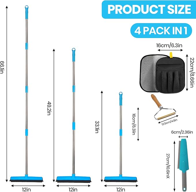 Carpet Rake for Pet Hair Removal, 4-in-1 Reusable Carpet Broom, 66" Adjustable Long Handle Carpet Rake with Squeegee,Rubber Edge Broom Rug for Hardwood Floors, Mats and Couches