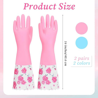 2 Pairs Rubber Cleaning Gloves Household Kitchen Dishwashing Gloves Long Cuff Glove with Cotton Flocked Liner Reusable Waterproof Non-Slip Household Glove for Bathroom Laundry Gardening Gift for Mom
