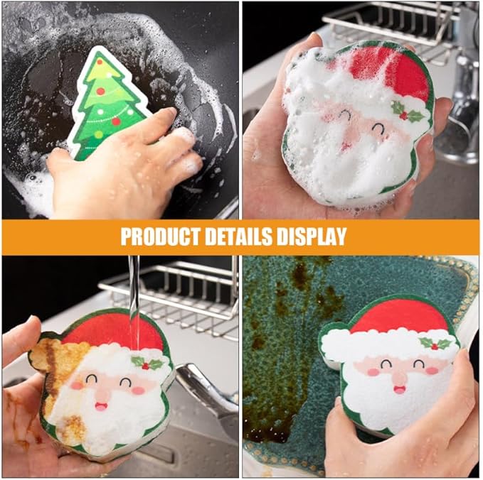 4pcs Cute Christmas Dishwashing Sponges Reusable Kitchen Scrubbers for Cleaning Thickened Design for Sturdy Use Kitchen and Bathroom Cleaning
