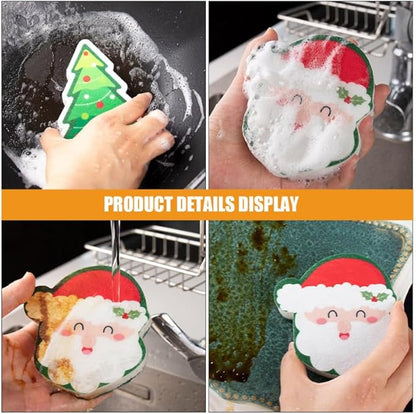 4pcs Cute Christmas Dishwashing Sponges Reusable Kitchen Scrubbers for Cleaning Thickened Design for Sturdy Use Kitchen and Bathroom Cleaning