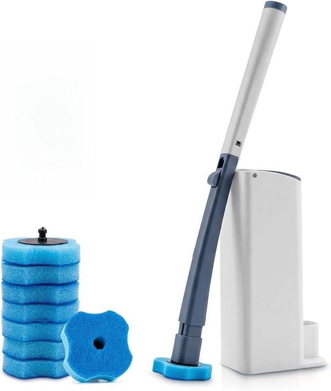 Disposable Toilet Brush with 8 Refills,Toilet Wand Brush Cleaning Kit,Wall Mounted Toilet Bowl Cleaner Set with Holder for Bathroom Deep Cleaning & Hygiene Local Stock- Blue & White