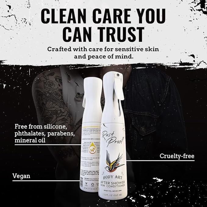 Rust Proof After-Shower Skin Conditioner 12 fl oz – Spray Lotion That Locks in Moisture with 14 Essential Oils – Lightweight Tattoo Aftercare Spray to Hydrate, Nourish & Help Maintain Vibrant Tattoos