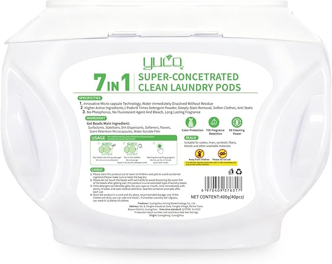 YUCO Laundry Pods Detergent 7-in-1 Super Cleaning PowerHypoallergenic & Ultra Concentrated Laundry Liquid Pods HE Compatible Washing Detergent with Long-Lasting Mixed Floral Fragrance 32 Loads
