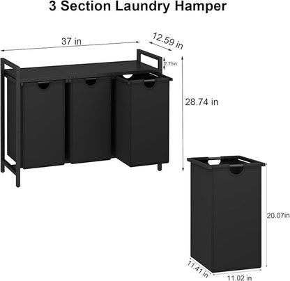 Laundry Hamper, Two -Color 3 Section Laundry Basket with 3 Removable Laundry Sorter Bags and Top Shelf, Clothes Hamper for Laundry Room, Bathroom