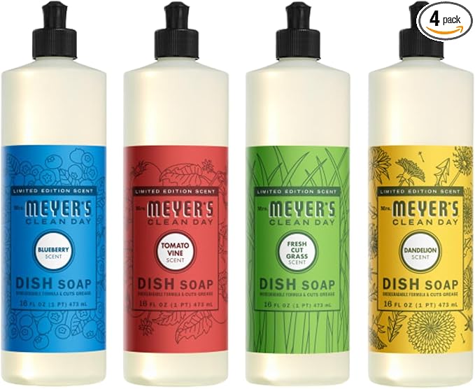 Mrs. MEYER'S Clean Day Dish Soap 16 FL OZ Each, Fresh Cut Grass, Tomato Vine, Dandelion, Blueberry, 1 CT (Variety Pack)