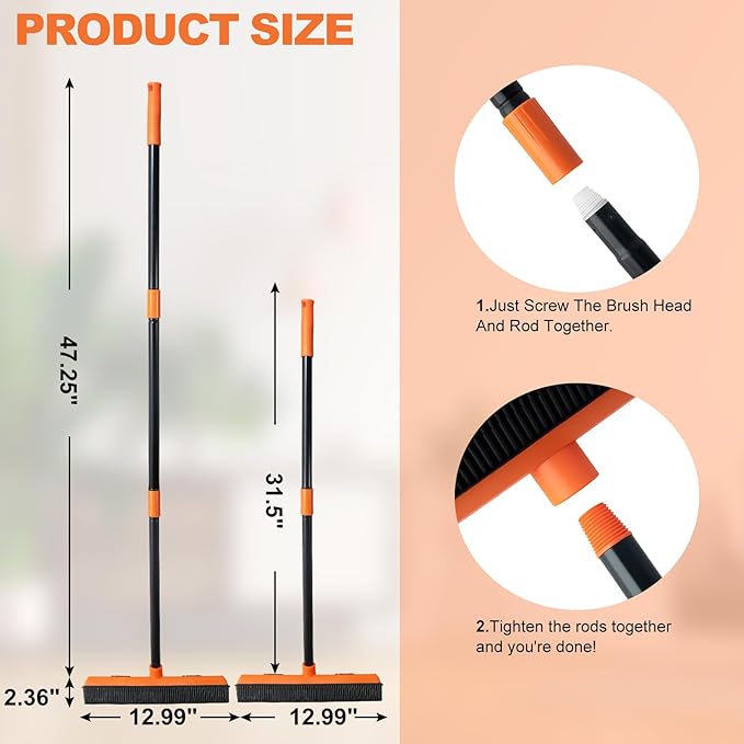 Rubber Broom and Carpet Rake for Pet Hair Removal, 49 Inch Three Section Stainless Steel Pole, Hair Removal Tool, Pet Broom and Rubber Putty, Suitable for Blankets, Hardwood Floors, Ceramic Tiles