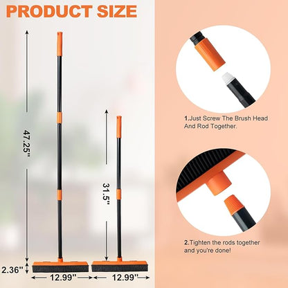 Rubber Broom and Carpet Rake for Pet Hair Removal, 49 Inch Three Section Stainless Steel Pole, Hair Removal Tool, Pet Broom and Rubber Putty, Suitable for Blankets, Hardwood Floors, Ceramic Tiles