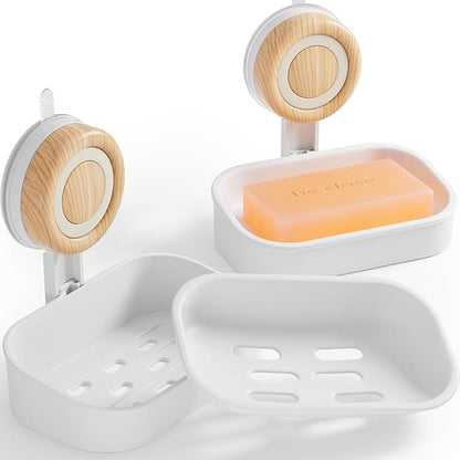 Double Layer Soap Dish for Shower 2 Pack, Wall Mounted Bar Soap Holder Suction Cup 2 Layer Self Draining Soap Case Sponge Holder for Shower Bathroom, Tub and Kitchen Sink, White