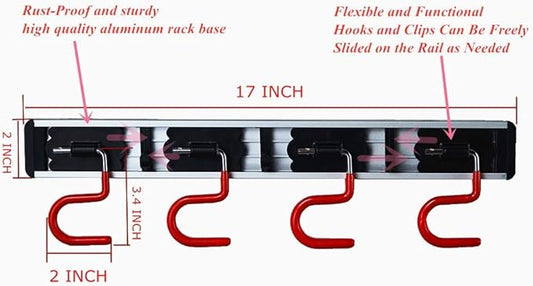 Wall Mounted Mop and Broom Holder Stainless Steel S Type Broom Rack Anti-Slip Mop Organizer (17 Inches,4 Positions 3 Hooks, Red black) (17inch)