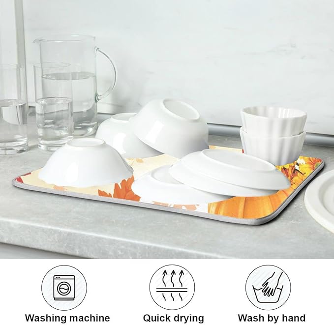 Autumn Fall Dish Drying Mat for Kitchen Counter Pumpkin Maple Leaves Drying Mat 18 x 24 Inch with Absorbent Reversible Microfiber Dish Drying Pad Dish Rack Drainer Mats for Coffee Bar