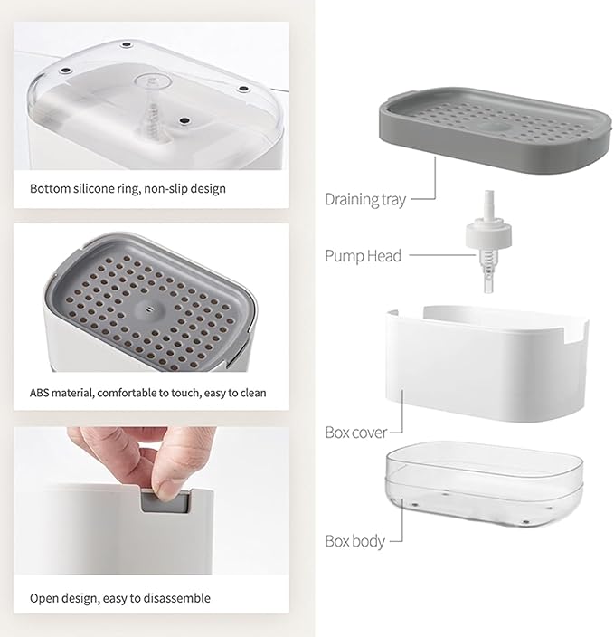 Dish Soap Dispenser and Sponge Support, Sink Soap Pump Dispenser, Liquid Soap Dispenser, Kitchen Detergent Press Box, Suitable for Kitchens, Bathrooms and Sinks (White)