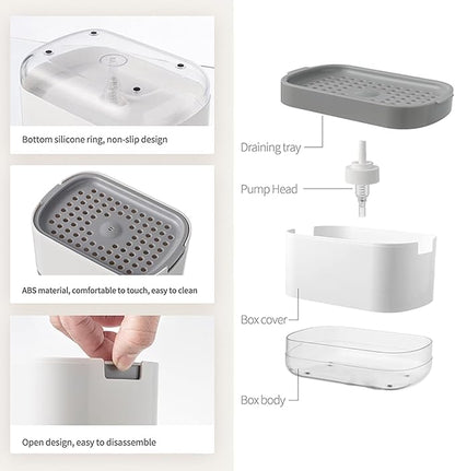 Dish Soap Dispenser and Sponge Support, Sink Soap Pump Dispenser, Liquid Soap Dispenser, Kitchen Detergent Press Box, Suitable for Kitchens, Bathrooms and Sinks (White)