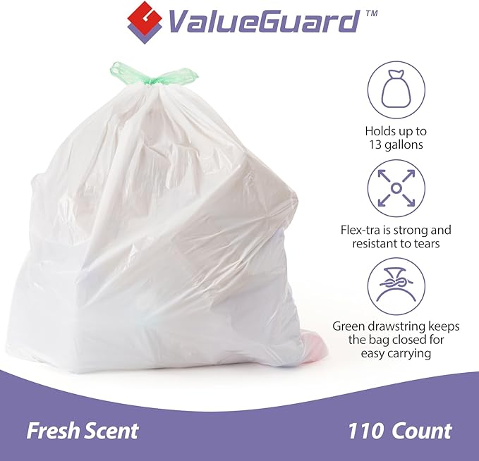 ValueGuard Trash Bags Garbage Bag 13 Gallon Drawstring Tall Waste Bag for Kitchen Office Party 0.6 Mil (110 Count)