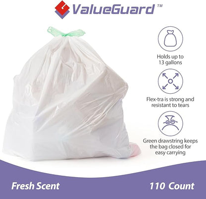 ValueGuard Trash Bags Garbage Bag 13 Gallon Drawstring Tall Waste Bag for Kitchen Office Party 0.6 Mil (110 Count)