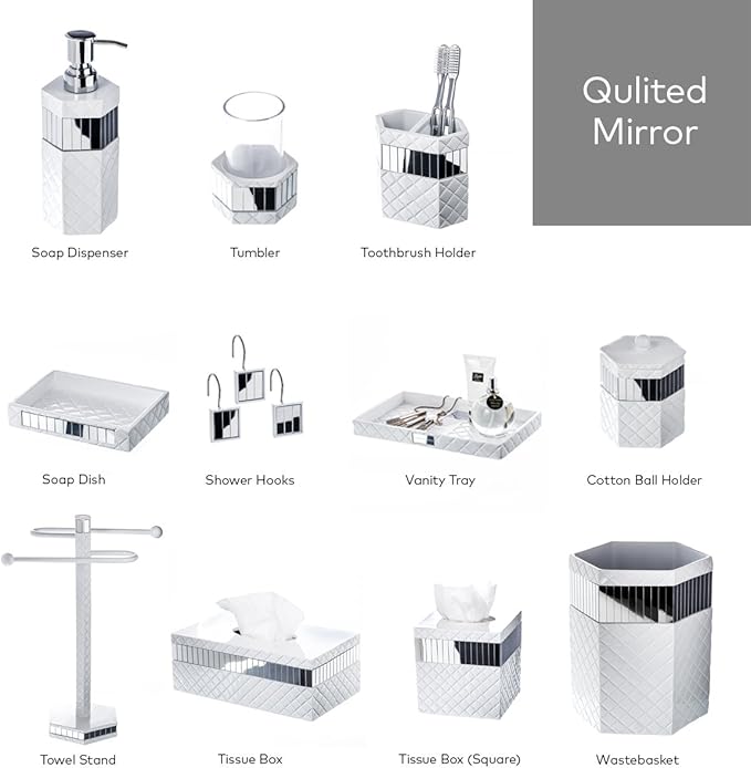 Creative Scents Quilted Mirror White Hand Soap Dispenser for Bathroom - Decorative Lotion Dispenser with Durable Metal Pump, Resin Countertop Shower Dispensers for Elegant Bathroom Decor
