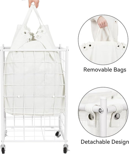 WOWLIVE Laundry Hamper with Wheels,Metal Wire Frame Rolling Laundry Basket with Removable bag,100L Dirty Clothes Hamper Organizer Dorm Room Storage for Bedroom,Bathroom,White