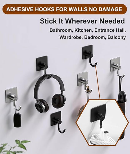 Sticky Hooks for Hanging, 6-Pack Adhesive Wall Hooks No Drilling Stainless Steel Towel Hook for Walls No Damage, Self Adhesive Hook for Bathroom Kitchen Office, Black