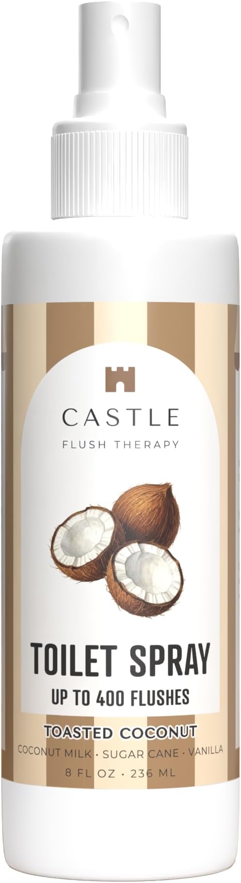 Castle Flush Therapy Toilet Spray for Poop Toasted Coconut Flush Therapy 8oz Made in USA- Poop Spray for Toilet Freshener Odor Block Flush Safe Oil Scent Fresh Bathroom Home Travel Family Daily Use