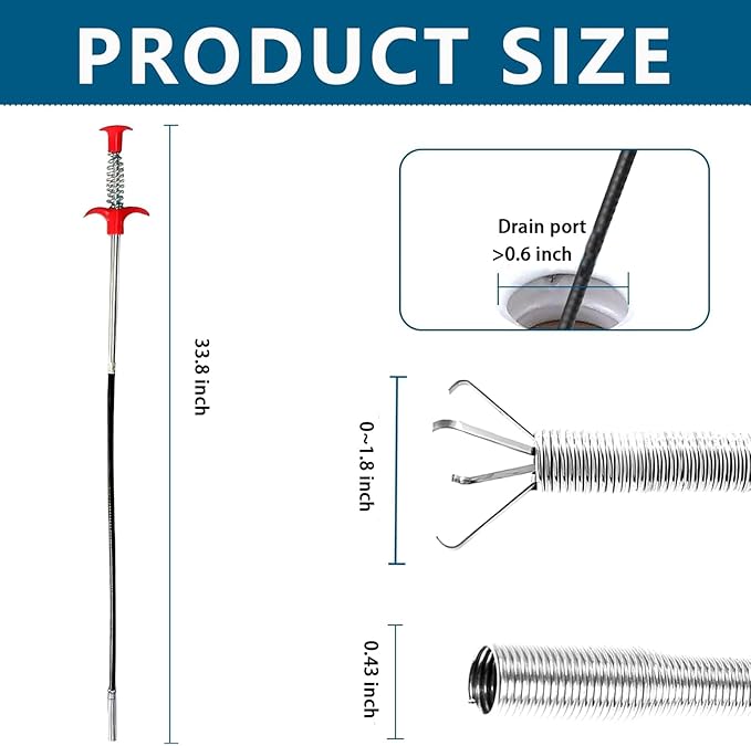 33 Inch Drain Snake Hair Clog Remover Tool, Flexible Grabber Claw Pickup, Long Reach Drain Cleaner for Sink, Toilet, Sewer, Shower, Kitchen, Bathroom Tub, Easy Unclogging Tool