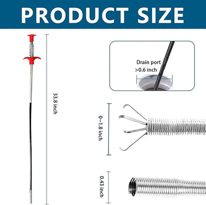 33 Inch Drain Snake Hair Clog Remover Tool, Flexible Grabber Claw Pickup, Long Reach Drain Cleaner for Sink, Toilet, Sewer, Shower, Kitchen, Bathroom Tub, Easy Unclogging Tool