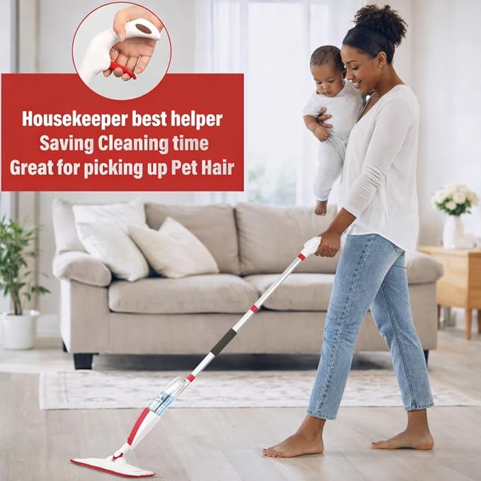 Spray Mop for Floor Cleaning with Refillable Bottle (14 oz), 3 Washable Microfiber Pads & Scraper – Lightweight 360° Rotating Mop, No Batteries, Streak-Free Cleaning for Hardwood, Tile & Laminate