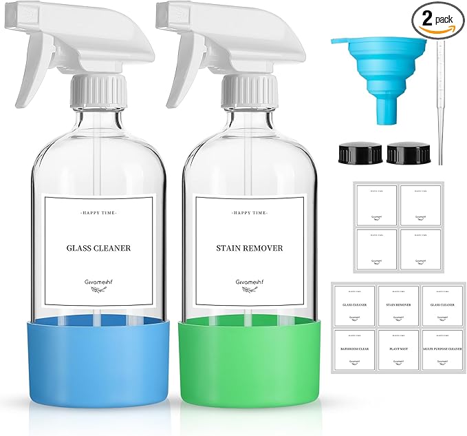 GIVAMEIHF 2 Pack Glass Spray Bottles with Silicone Sleeve,16oz Clear Glass Spray Bottles Refillable Empty Bottle with Adjustable Nozzle,Spray Bottle for Essential Oils,Cleaning Solutions,Pets,Hair
