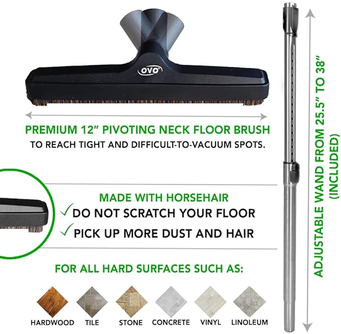 OVO Central Vacuum Deluxe Plus Kit, 50ft ON/Off Low-Voltage Hose, Air Driven Carpet Beater, 12’’ Premium Floor Brush, Cleaning Tools and Easy Storage Accessories