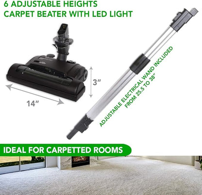 OVO Central Vacuum Carpet Deluxe Accessory Kit, 50ft Dual Voltage Hose with Pigtail, On-Off Switch at The Handle, 6 Adjustable Heights Electric Carpet Beater, 12’’ Floor Brush and Accessories, Black