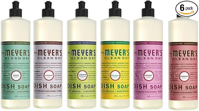 Mrs. MEYER'S Liquid Dish Soap 6 Scent Bundle, 1 Lemon Verbena, 1 Lavender, 1 Basil, 1 Honeysuckle, 1 Peony, 1 Rosemary, 16 FL OZ Each (Variety Pack)