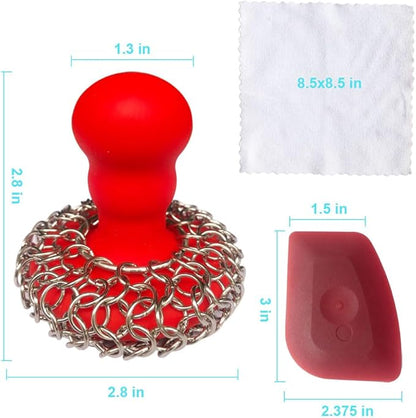 316 Upgraded Chainmail Scrubber with Silicone Handle Cast Iron Cleaner for Cast Iron Grill Pan Skillet Wok Bakeware Ergonomic to Hold Easy to Use Dishwasher Safe, Scrubber + Scraper + Towel (Red)