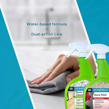 StoneTech Stone & Tile Cleaner and Stone Polish Duo – Daily Cleaner & Polish for Granite, Marble, Quartzite, Travertine – Removes Dirt & Restores Shine – 2 Microfiber Cloths – Fresh Scent