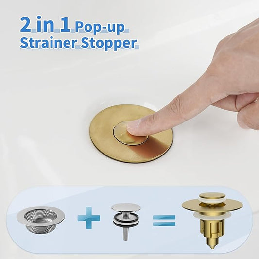 Universal Metal Bathroom Sink Stopper, Upgraded Stainless Steel Sink Drain Strainer for 1.1''~2.36" Basin Pop Up Drain Strainer, Anti-Clogging Filter Basket, Brushed Gold-2 Pack